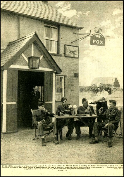 Four American soldiers outside an English pib